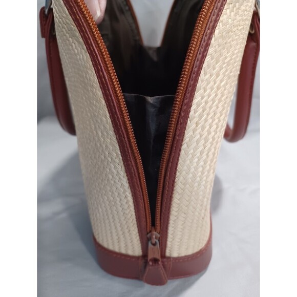 VINTAGE LE SAC STRAW AND LEATHER DOUBLE HANDLE HANDBAG - Picture 13 of 16